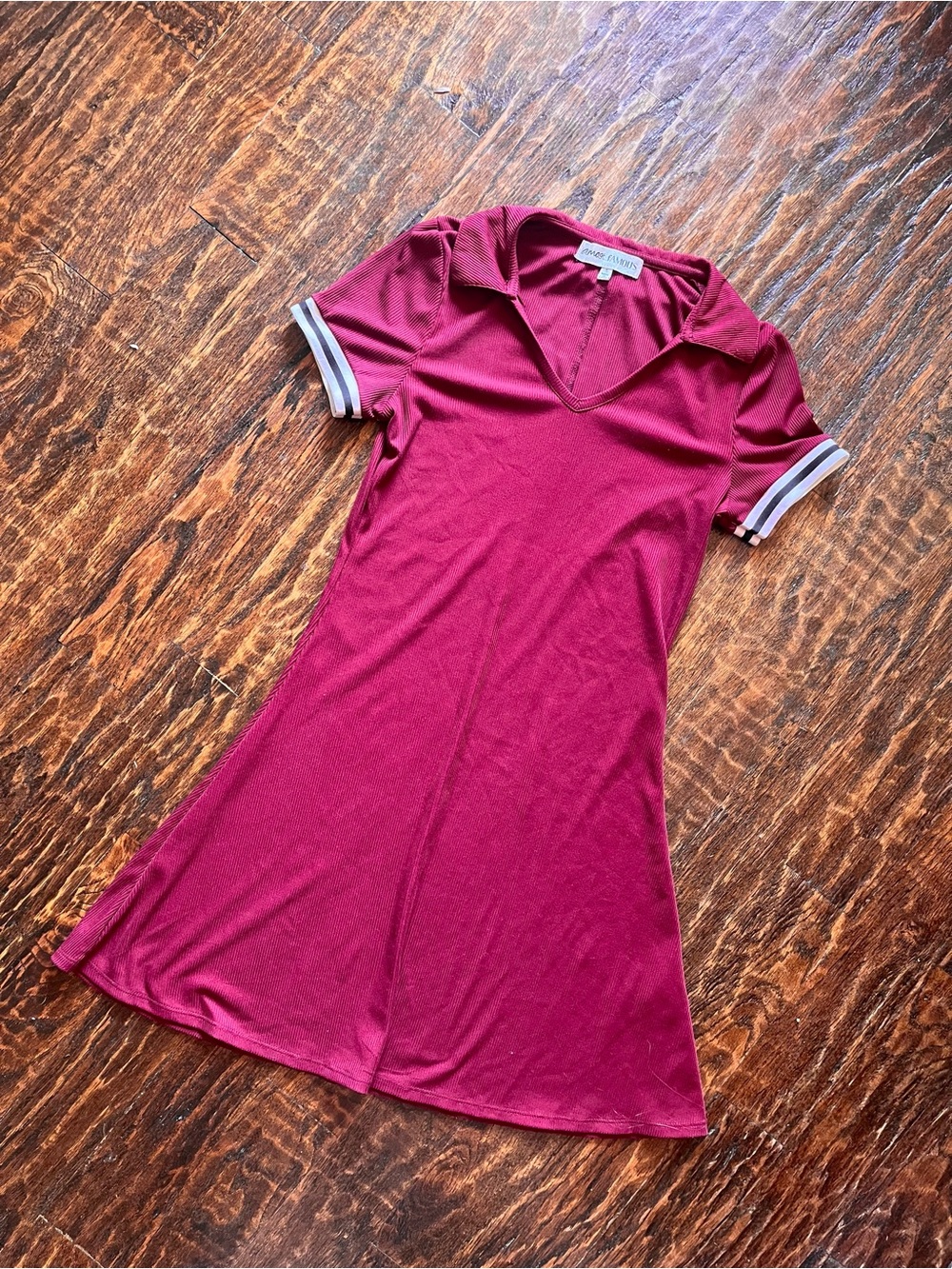 Almost Famous Burgundy Ribbed Polo Collar T-Shirt Dress Striped Sleeve Size S